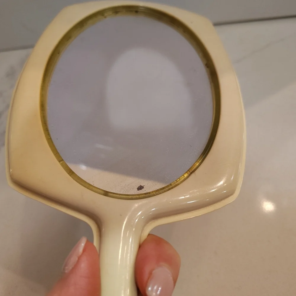 Vintage Bakelite Celluloid Art Deco Style Vanity Hand Mirror Ivory 12.75